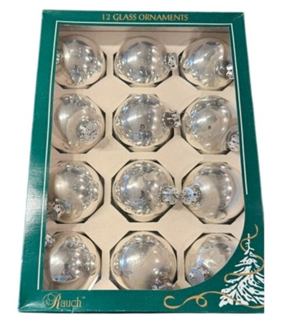 Rauch Silver Glass Christmas Ball Ornaments Set of 12 Made in USA